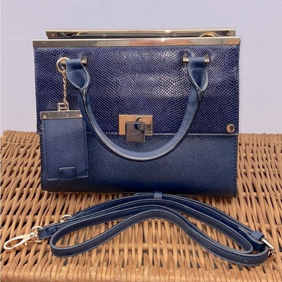 Dune London Textured Navy Blue With Gold Hardware Handbag Crossbody Purse - Picture 12 of 13
